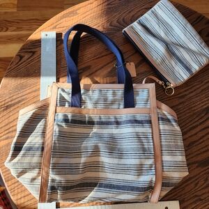 Fossil Blue and Tan Striped Tote with Pouch